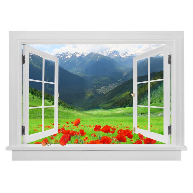 Wandtattoo Pflanzen Offenes Fenster Alpenwiese und Mohn