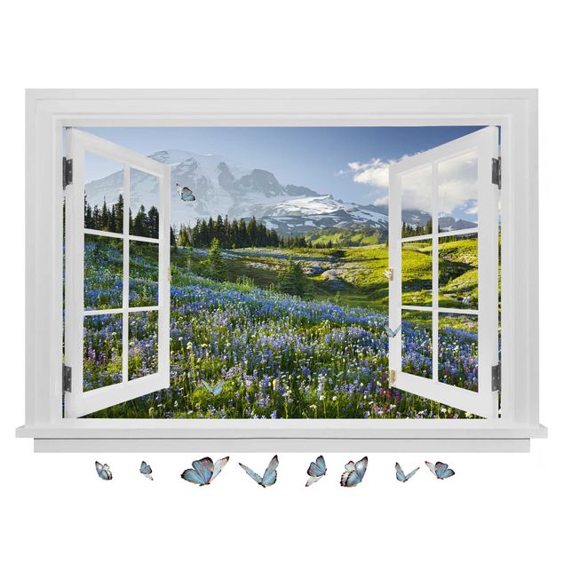 3D Wandsticker Offenes Fenster Bergwiese mit Blumen vor Mt. Rainier und Schmetterlinge