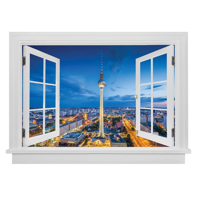 Wandsticker Offenes Fenster Berlin Skyline bei Nacht mit Fernsehturm