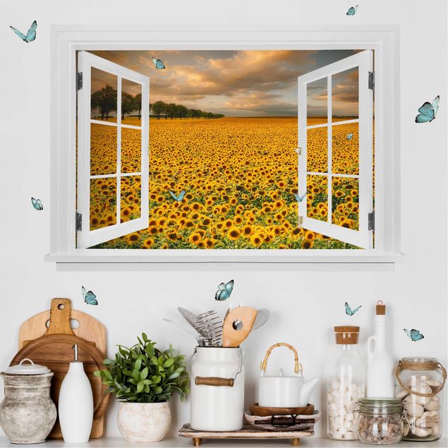 Blumen Wandtattoo Offenes Fenster Feld mit Sonnenblumen
