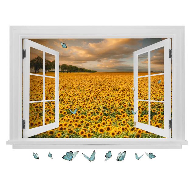 Wandtattoo Pflanzen Offenes Fenster Feld mit Sonnenblumen