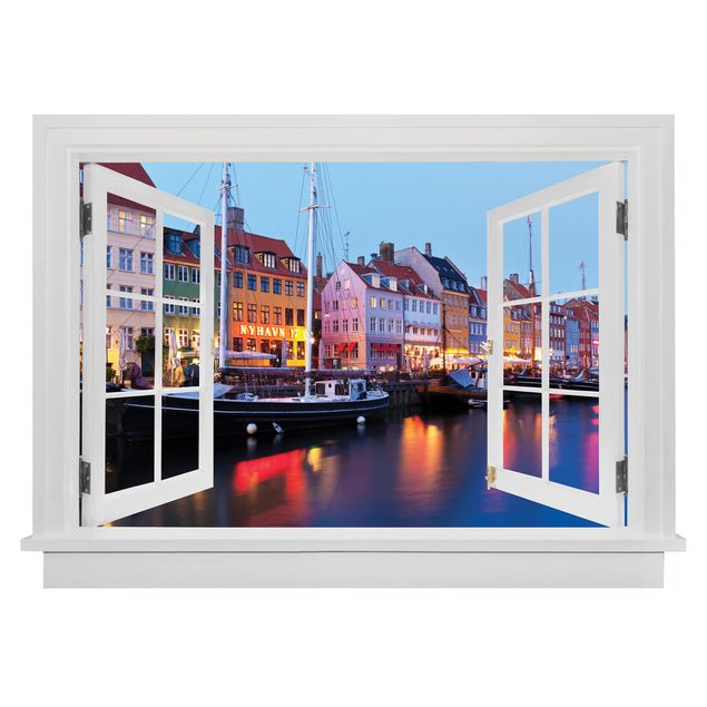Wandtattoo Offenes Fenster Kopenhagener Hafen am Abend