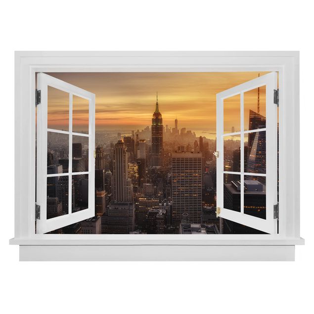 Wandtattoo Natur Offenes Fenster Manhattan Skyline Abendstimmung