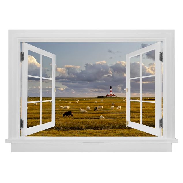 Rainer Mirau Bilder Offenes Fenster Nordsee Leuchtturm mit Schafsherde