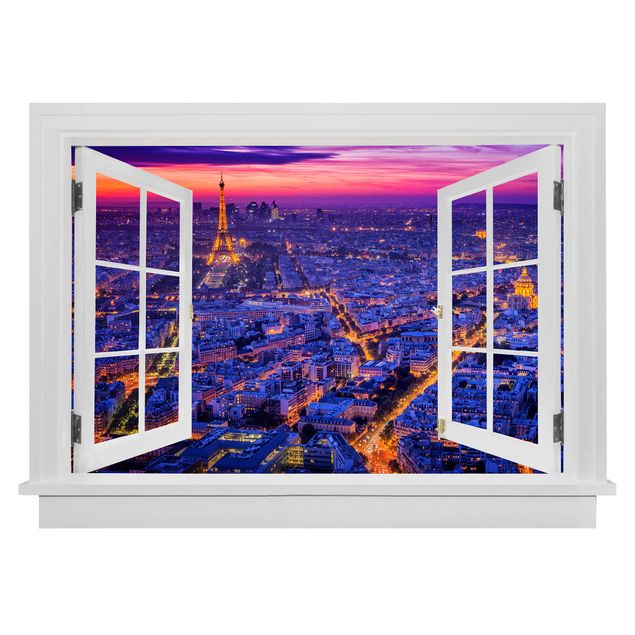 Wandsticker Offenes Fenster Paris bei Nacht