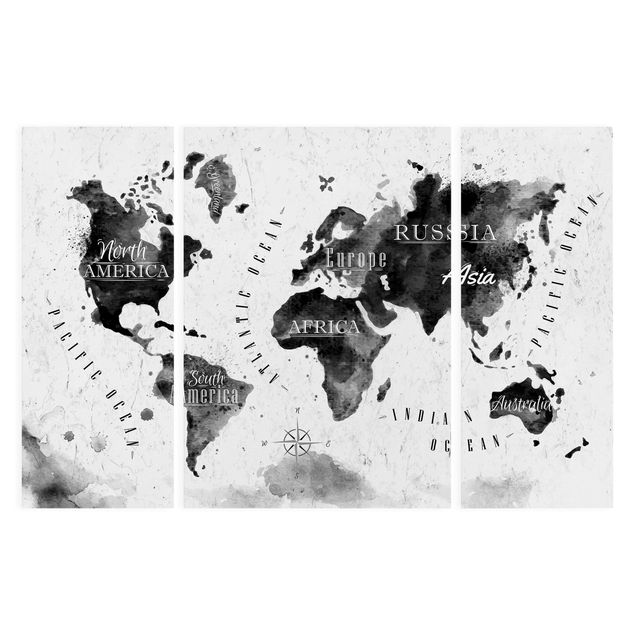 Leinwandbild 3-teilig - Weltkarte Aquarell schwarz - Tryptichon