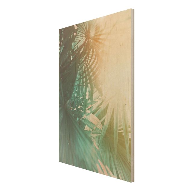 maritime Bilder auf Holz Tropische Pflanzen Palmen bei Sonnenuntergang