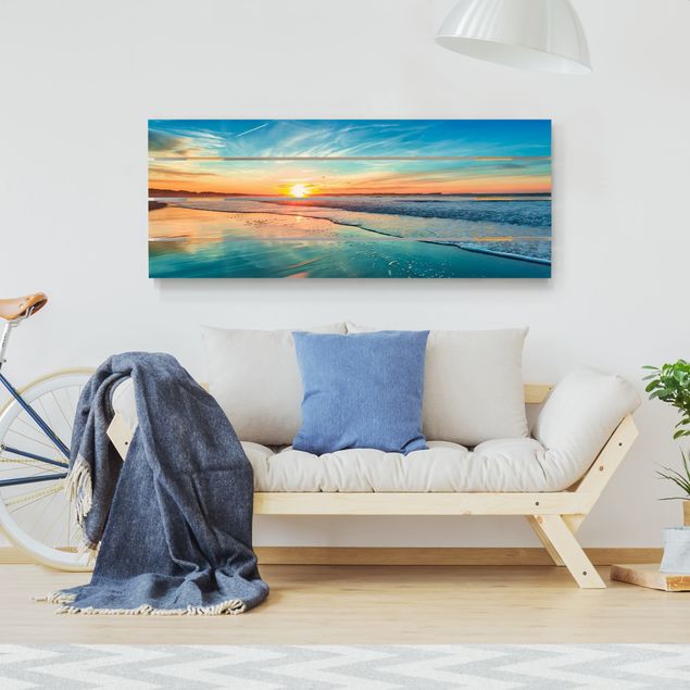 Bilder auf Holz Romantischer Sonnenuntergang am Meer