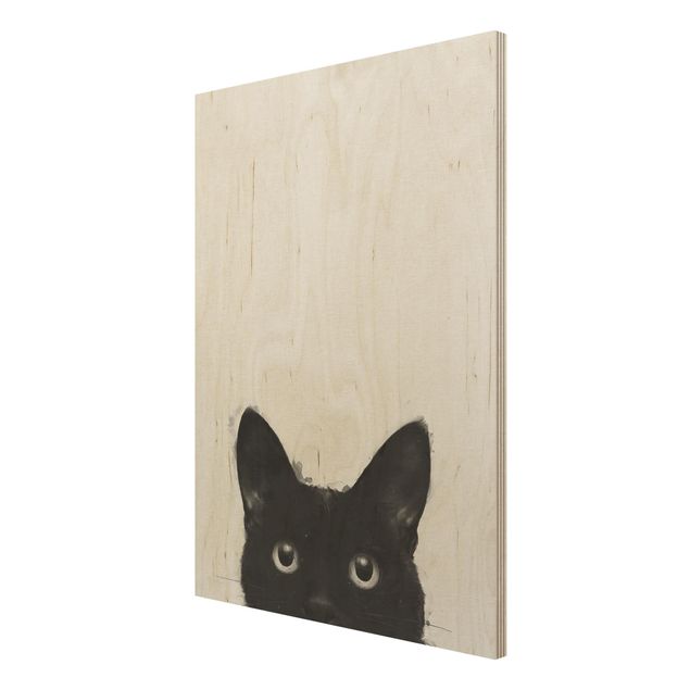 Holzbild - Illustration Schwarze Katze auf Weiß Malerei - Hochformat 4:3