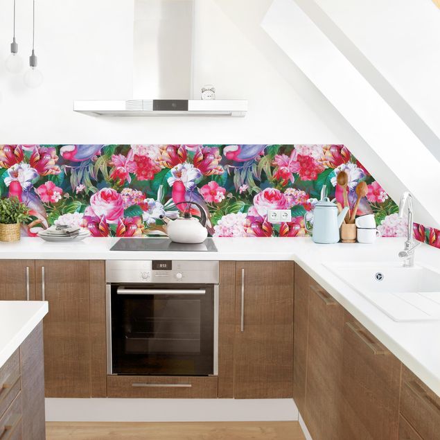 Wandpaneele Küche Bunte Tropische Blumen mit Vögeln Pink II