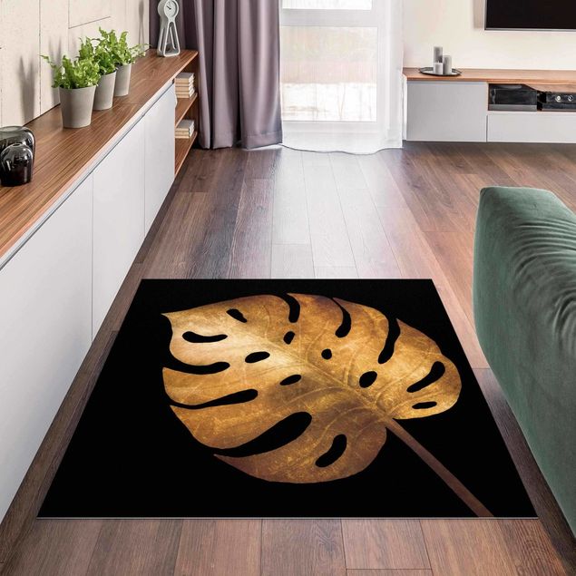 Moderne Teppiche Gold - Monstera auf Schwarz