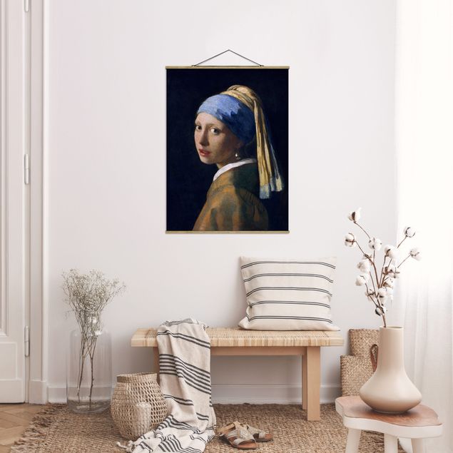 Stoffbilder mit Posterleisten Jan Vermeer van Delft - Das Mädchen mit dem Perlenohrgehänge