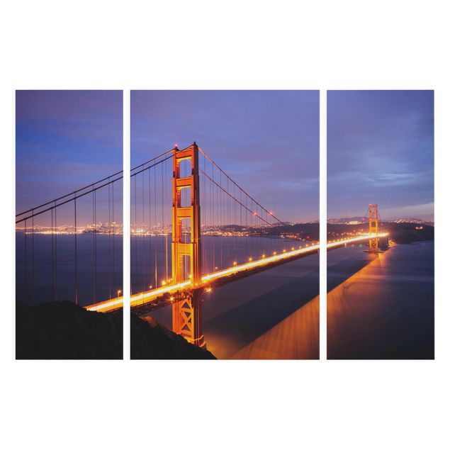 Leinwandbild 3-teilig - Golden Gate Bridge bei Nacht - Triptychon