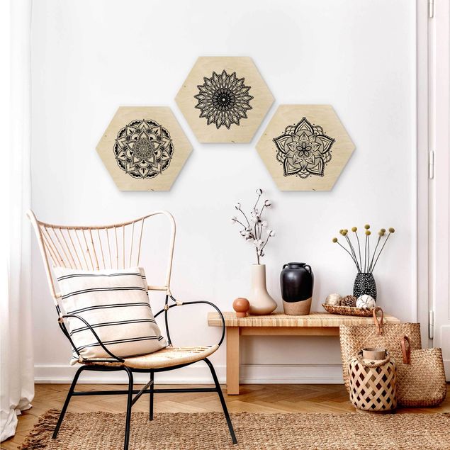 Hexagon Bild Holz 3-teilig - Mandala Blüte Sonne Illustration Set Schwarz Weiß