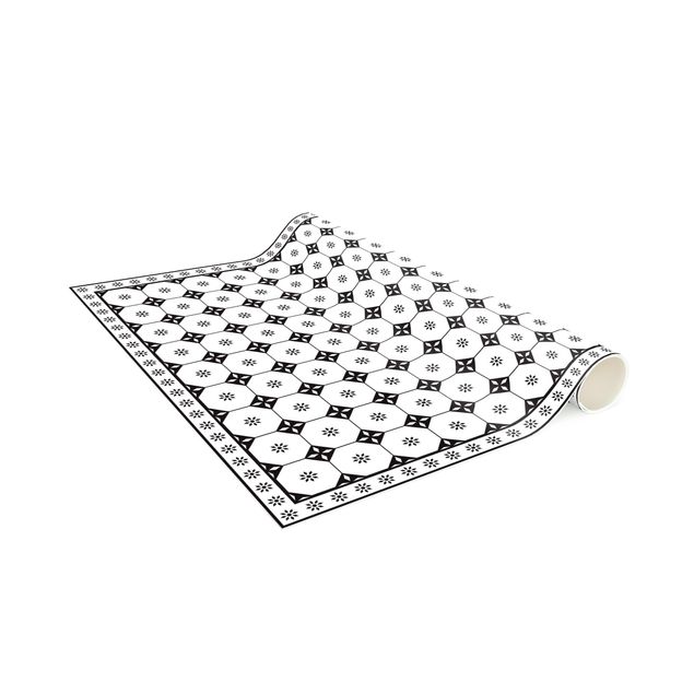 Vinyl Teppich Fliesenoptik Geometrische Fliesen Landhaus Schwarz Weiß mit Bordüre