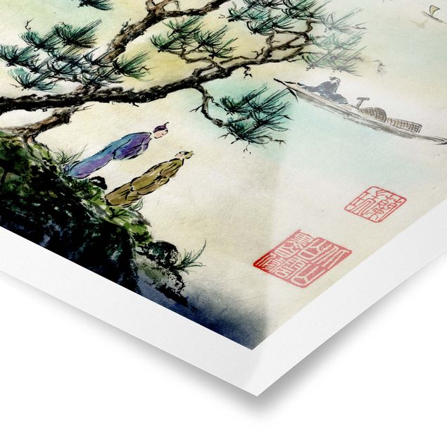 Poster kaufen Japanische Aquarell Zeichnung Kiefer und Bergdorf
