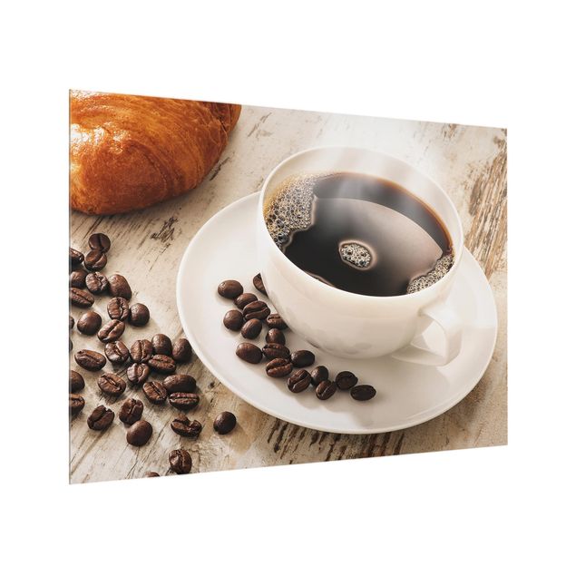 Glas Spritzschutz - Dampfende Kaffeetasse mit Kaffeebohnen - Querformat - 4:3