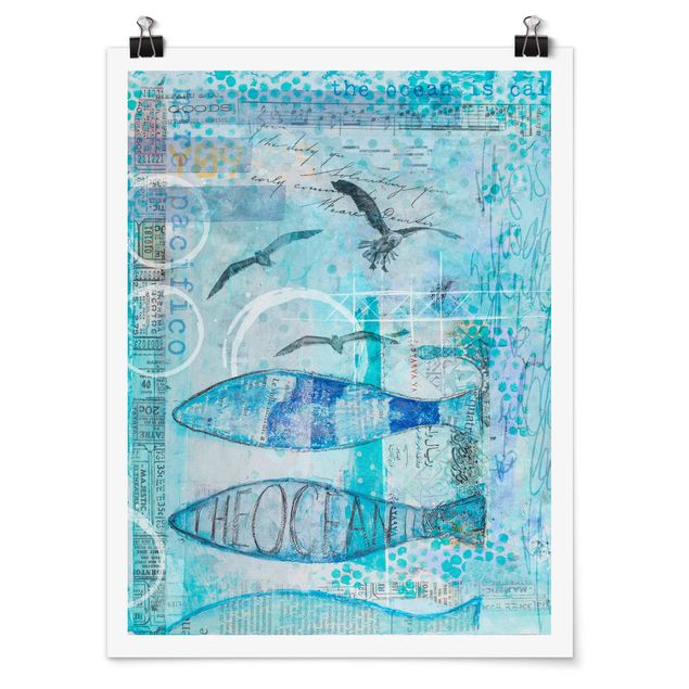Moderne Poster Bunte Collage - Blaue Fische