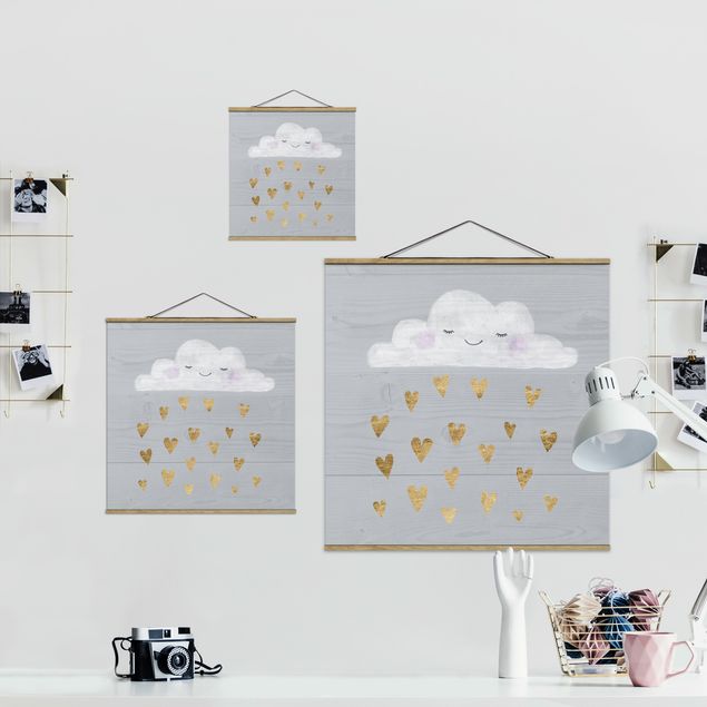 Stoffbild mit Posterleisten - Wolke mit goldenen Herzen - Quadrat 1:1