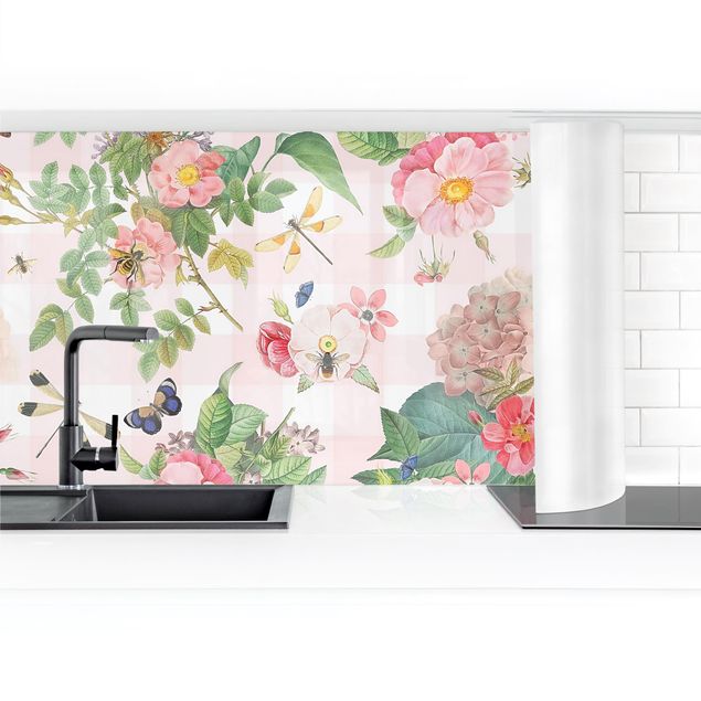 Küchenrückwand selbstklebend Schmetterlinge mit rosa Blumen