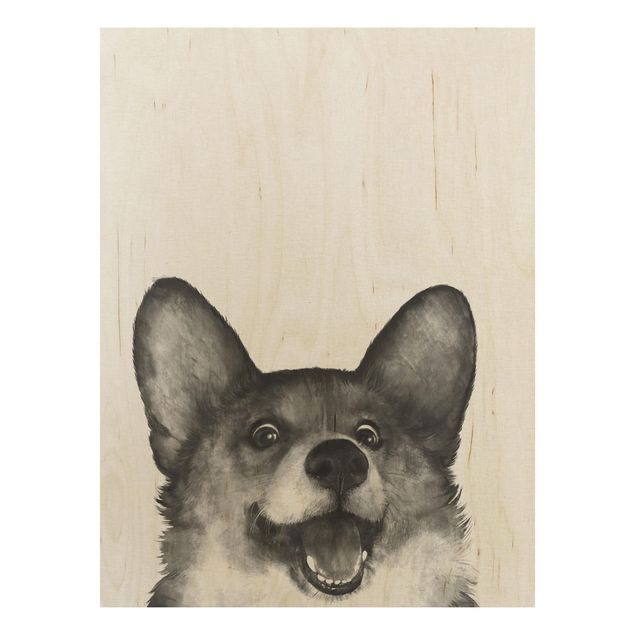 Holzbild - Illustration Hund Corgi Weiß Schwarz Malerei - Hochformat 4:3