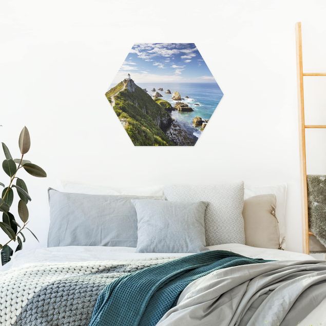 Hexagon Wandbild Nugget Point Leuchtturm und Meer Neuseeland