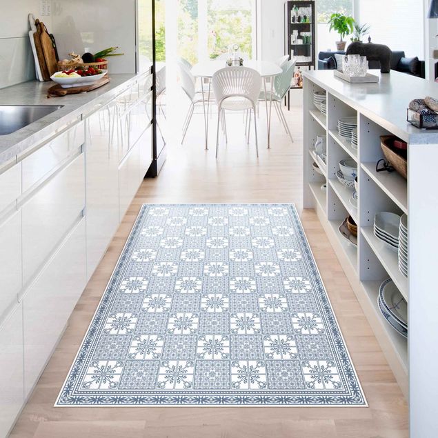 Moderner Teppich Florales Fliesenmuster Blaugrau mit Bordüre