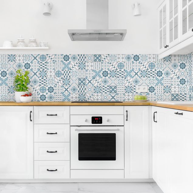 Küche Wandpaneel Geometrischer Fliesenmix Blaugrau