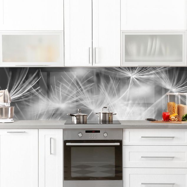Küchenrückwand - Bewegte Pusteblumen Nahaufnahme auf schwarzem Hintergrund