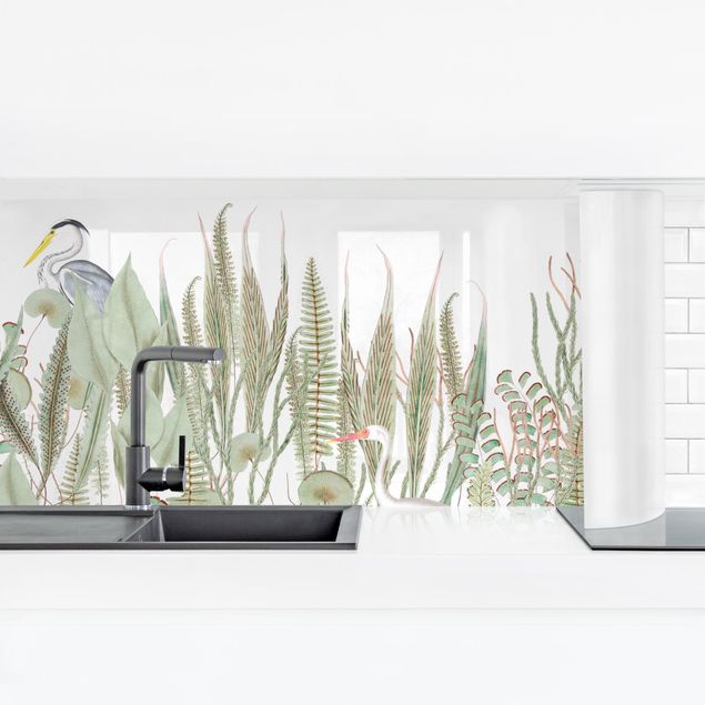 Wandpaneele Küche Flamingo und Storch mit Pflanzen