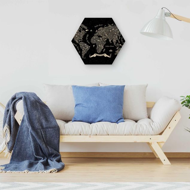 Hexagon Bild Holz - Typografie Weltkarte schwarz