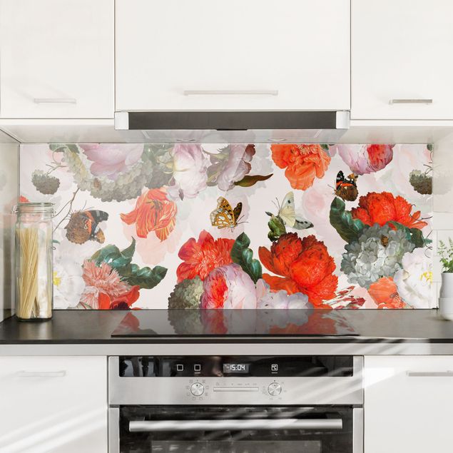 Glasrückwand Küche Blumen Rote Blumen mit Schmetterlingen