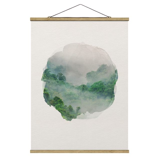 Stoffbild mit Posterleisten - Wasserfarben - Dschungel im Nebel - Hochformat 3:4