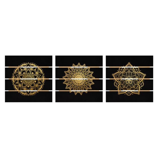 Holzbild 3-teilig - Mandala Blüte Sonne Illustration Set Schwarz Gold - Quadrate 1:1