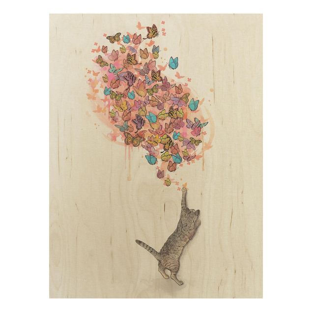 Holzbild - Illustration Katze mit bunten Schmetterlingen Malerei - Hochformat 4:3