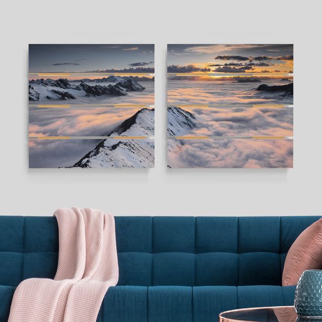 Holzbilder Natur Blick über Wolken und Berge