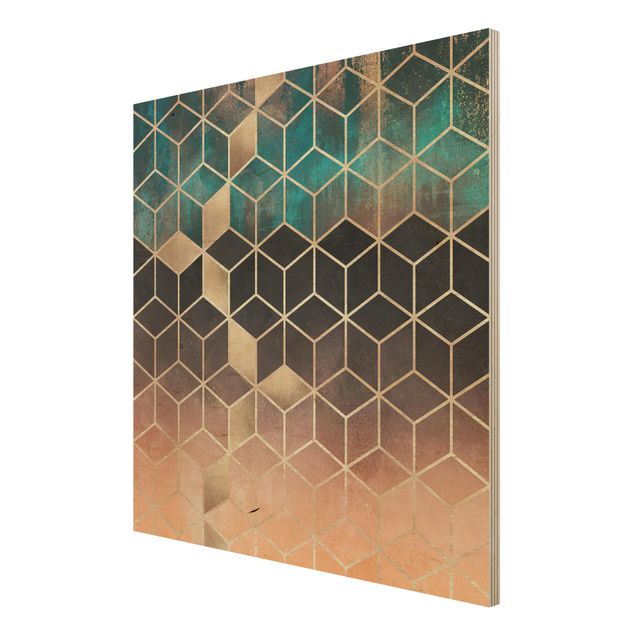 Holzbild - Türkis Rosé goldene Geometrie - Quadrat 1:1
