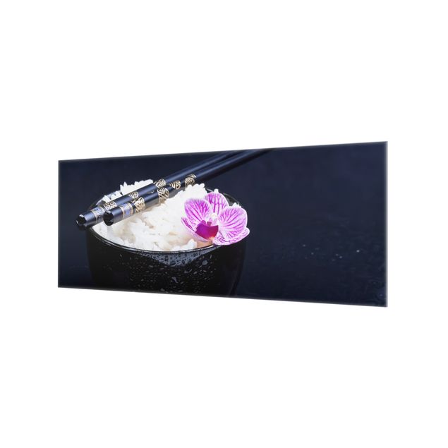 Spritzschutz Glas - Reisschale mit Orchidee - Panorama