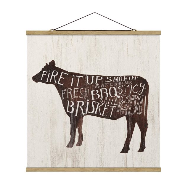 Stoffbild mit Posterleisten - Bauernhof BBQ - Kuh - Quadrat 1:1