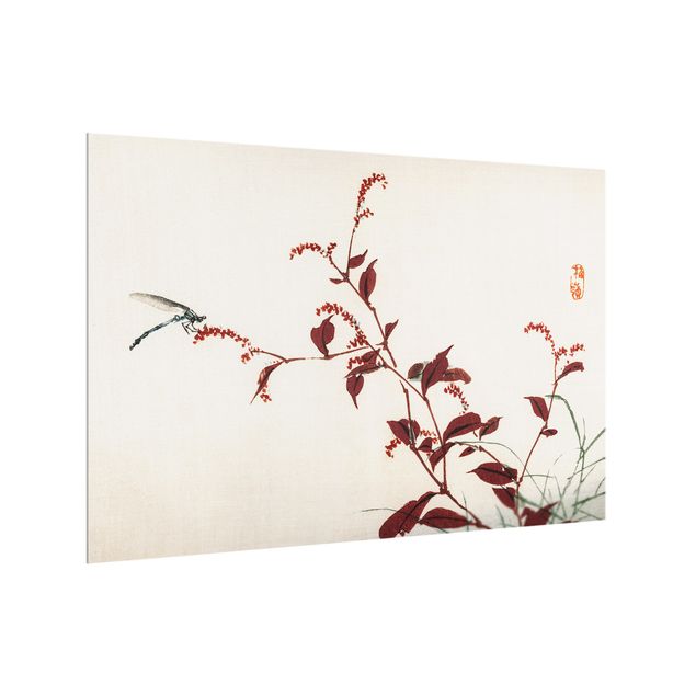 Spritzschutz Küche Asiatische Vintage Zeichnung Roter Zweig mit Libelle