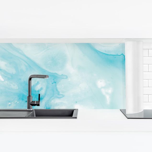 Küchenrückwand selbstklebend Emulsion in weiß und türkis I