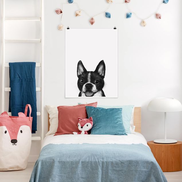 Poster - Illustration Hund Boston Schwarz Weiß Malerei - Hochformat 4:3