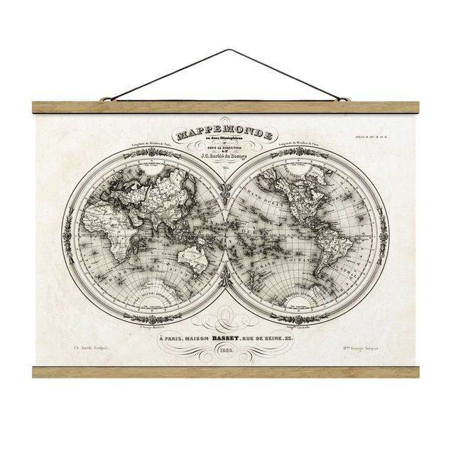 Stoffbild mit Posterleisten - Weltkarte - Französische Karte der Hemissphären von 1848 - Querformat 3:2