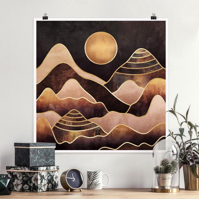 Poster - Goldene Sonne abstrakte Berge - Quadrat 1:1