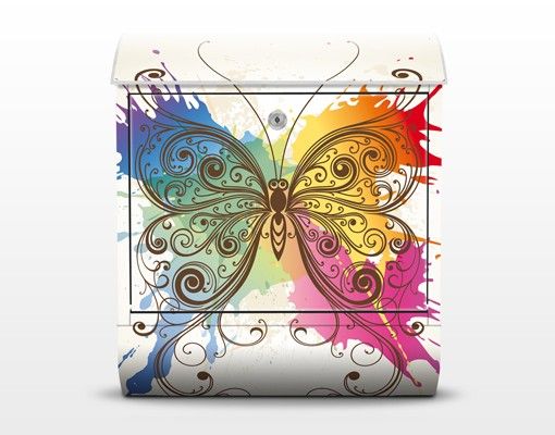 Briefkasten mit Zeitungsfach - Aquarell Schmetterling - Wandbriefkasten
