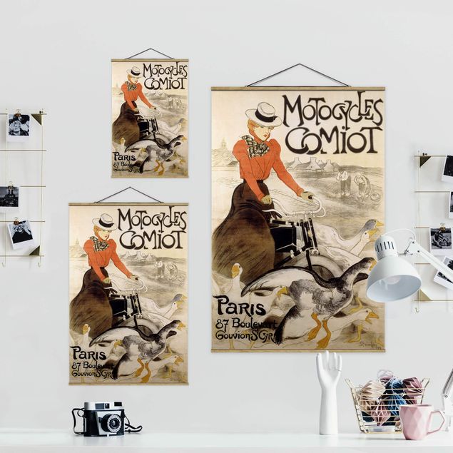 Stoffbild mit Posterleisten - Théophile-Alexandre Steinlen - Werbeplakat für Motorcycles Comiot - Hochformat 2:3
