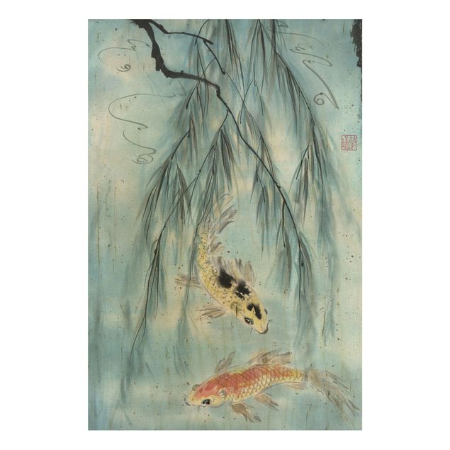 Holzbilder Japanische Aquarell Zeichnung Goldfische II
