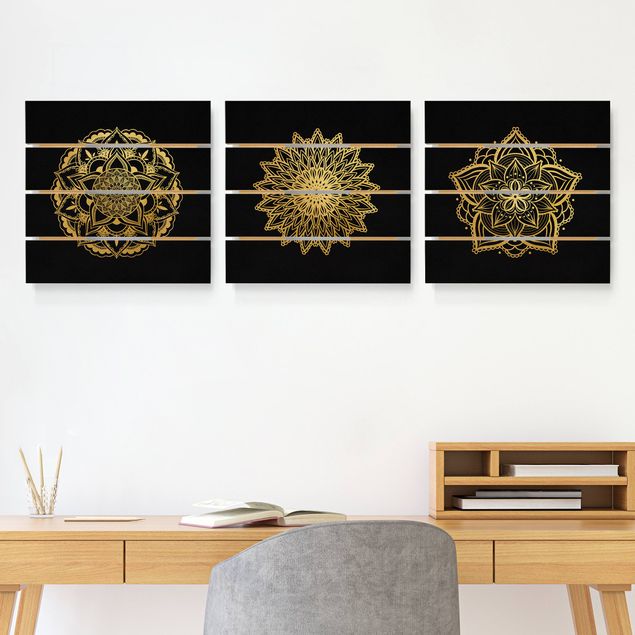 Wandbild Holz Mandala Blüte Sonne Illustration Set Schwarz Gold
