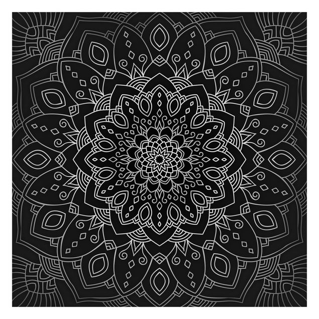 Fototapete - Mandala Blüte Muster silber schwarz - Fototapete Breit
