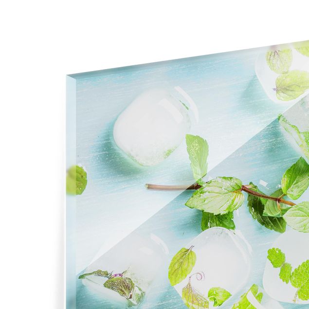 Spritzschutz Glas - Eiswürfel mit Minzblättern - Querformat - 2:1